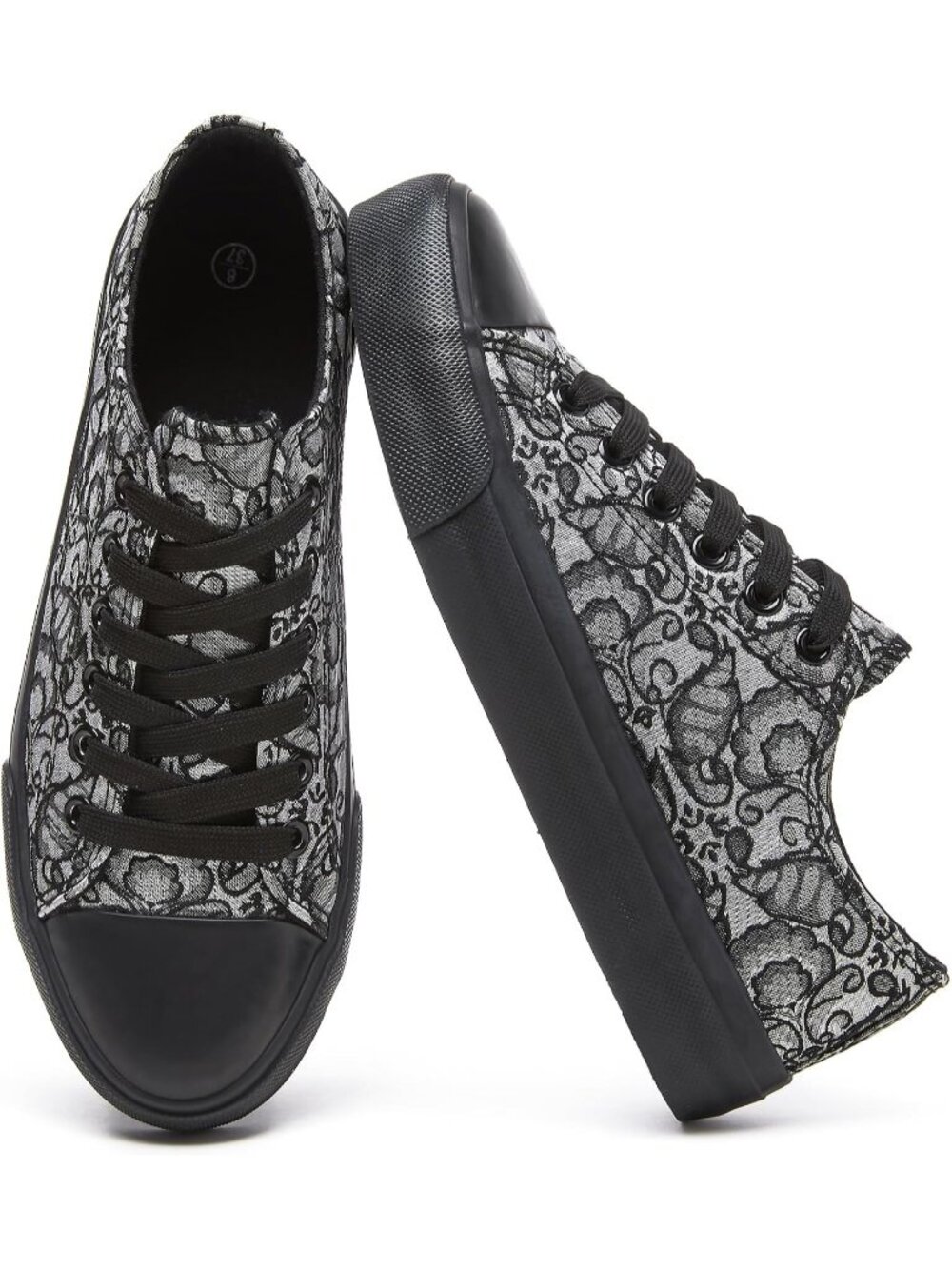 Women's Black Comfortable Round Toe Low Top Canvas Lace-Up Casual Sneaker Shoes